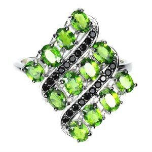 Natural Chrome Diopside 4x3mm & Black Spinel 925 Sterling Silver Ring Sz 6.75